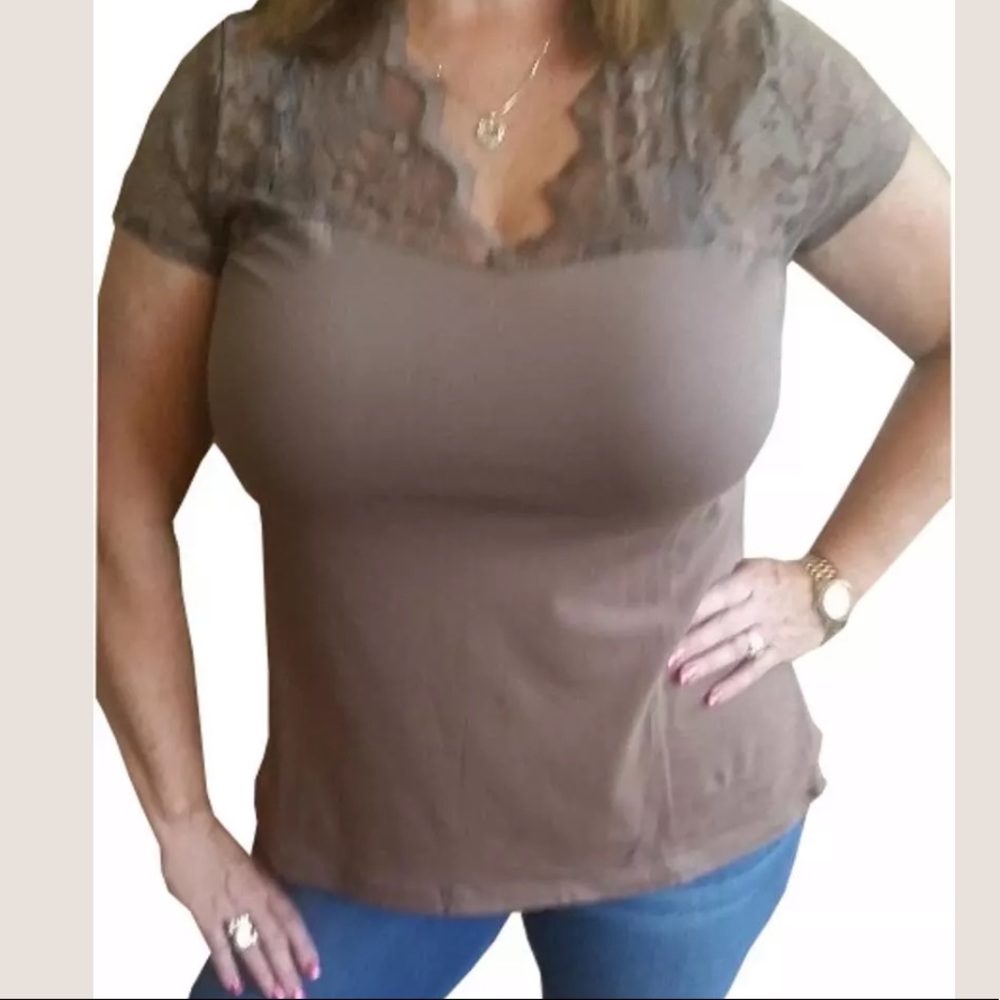 Brown Mocha Scallop V-Neckline Lace plus Size Top